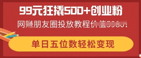 99元狂撬500+创业粉，单日五位数轻松变现，网创朋友圈投放教程-洪烁网创